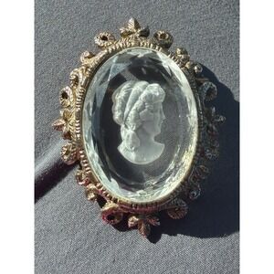 Vintage Glass Intaglio Brooch Classical Maiden Floral Style Setting Gold Tone